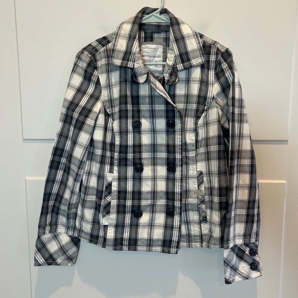 Aeropostale Womens Plaid Double Breasted‎ Jacket Size L Preppy Coat Black Grey